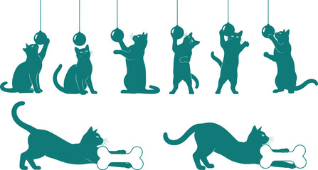 Cat silhouettes playing with Christmas ornaments and bone, set of funny feline characters, pet activity icons, holiday kitten elements, turquoise animal vector. © MdAbdur
