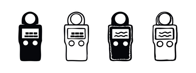 Light Meter or Sound Level Meter Icon Set. Handheld device measurement tools in black and white, sensor gadget symbols. © liubomir118809
