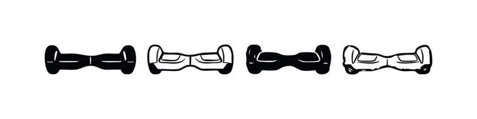 Fototapeta premium Hand drawn hoverboard icon set from a slightly elevated perspective, in black and white sketch style.