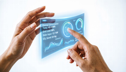 Close-up of realistic hands interacting with a holographic dashboard analyzing energy consumption and grid load.