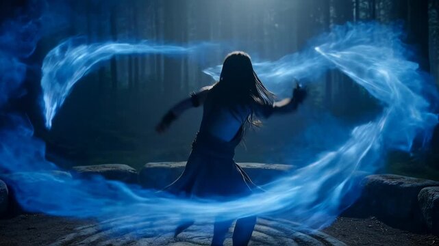 Female sorceress casts blue energy spell, intense concentration, focused expression, dark fantasy forest night, ancient ritual. Powerful magic manifests vibrant blue energy, mystical light stream