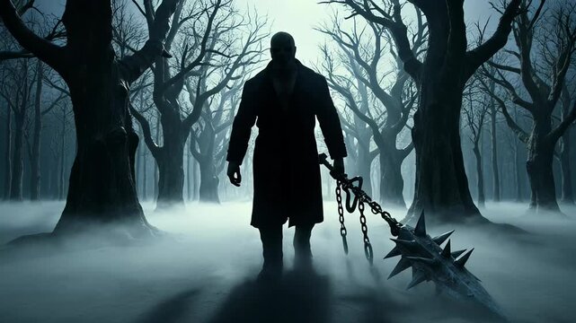 Menacing dark silhouette emerges from mysterious forest, wielding formidable spiked weapon. Eerie fog shrouds scene, evoking horror, fantasy, suspense, and grim adventure. Ominous mans presence fuels