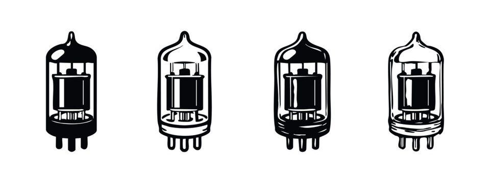 Vintage Vacuum Tube Icon Set - Retro Electronic Valve Vector Illustrations for Amplifier Components