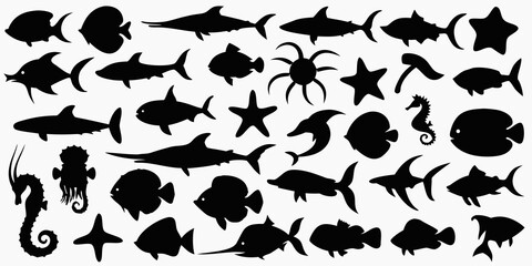 A collection of black silhouettes depicting various sea creatures and marine life © KrishnaPada