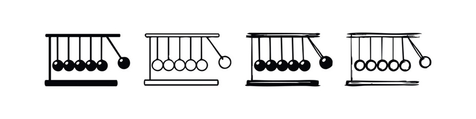 Newton's cradle icon set. Classic executive desk toy illustrating physics principles, momentum and energy conservation.