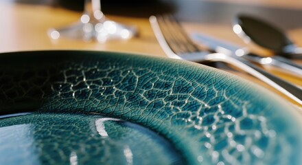 Obraz premium Close-up of a teal ceramic plate with a unique crackle glaze pattern, set on a dining table.