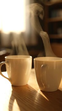 Two steaming cups of coffee on a wooden table indoors