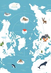 Obraz premium Simplified map illustrating Arctic region fauna distribution over polar geography