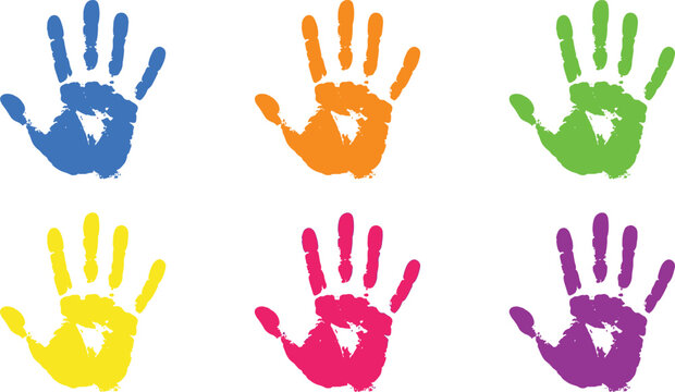 Colorful painted handprint set with bright paint palm impressions, creative kids art hand stamp marks for education, craft projects and playful design vector