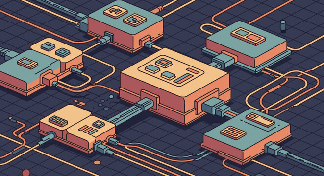 Isometric illustration of interconnected electronic modules forming a complex data network, symbolizing digital communication, information flow, and smart systems architecture.