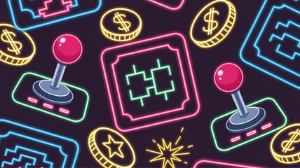 Retro arcade game elements neon glowing joysticks coins and tickets on a dark background vintage gaming concept for digital art and design © Tanzeel