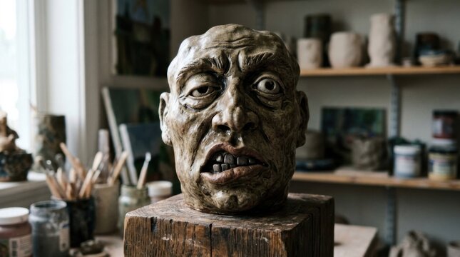 Clay head sculpture expressing an unsettling emotion in an art studio