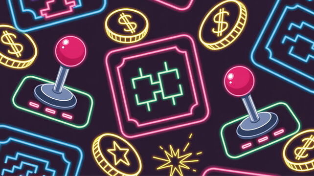 Retro arcade game elements neon glowing joysticks coins and tickets on a dark background vintage gaming concept for digital art and design