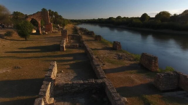 Wide Tracking Shot Of Riverbank Dotted With Ancient Ruins And Long Shadows
