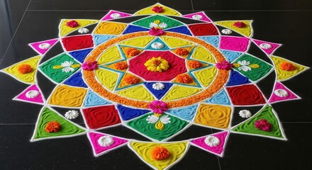 Fototapeta premium Intricately designed, vibrant geometric floor decoration created with colored powders and fresh blossoms