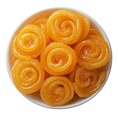 Fototapeta premium Fresh orange jalebi coils in a bowl isolated indian snack transparent or white background