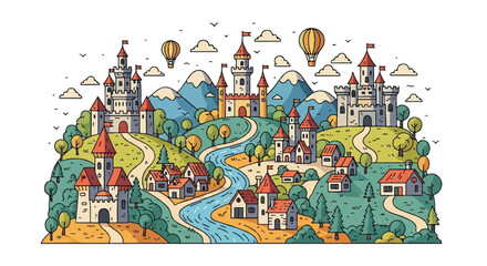 Cartoon castle village illustration landscape design © Arisa
