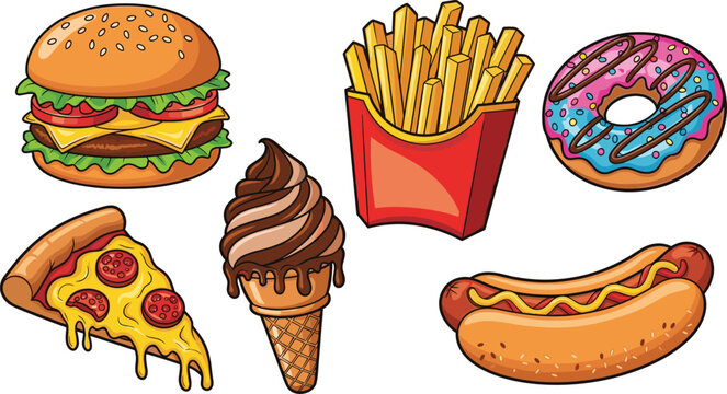 Fast food and dessert vector icon set featuring hamburger, french fries, donut, pizza slice, chocolate ice cream cone and hot dog cartoon illustration