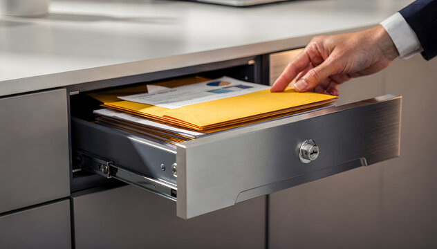Professional Hand Retrieve Document from Secure Drawer in Modern Office Setting, Business Confidentiality and Data Management Concept, Close-up Detail
