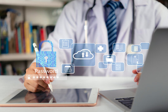 Doctor using digital tablet with password padlock and cloud data icons. Concept of medical cybersecurity, healthcare information privacy, hospital network protection and smart clinical technology.