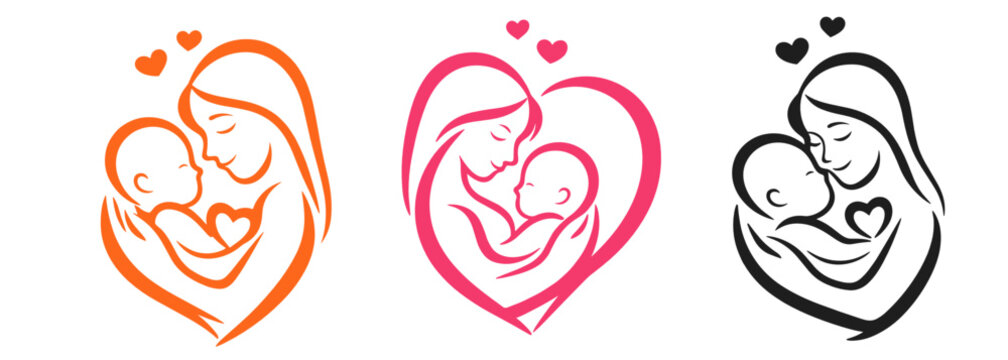Three mother and child line logos in orange, pink and black on a dark background. Modern maternity vector set for branding, prenatal services, parenting apps and family care identities.