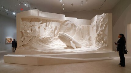 Large white sculpture of a whale in an art gallery setting with figures