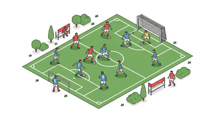 Isometric Soccer Field with Players. © cole
