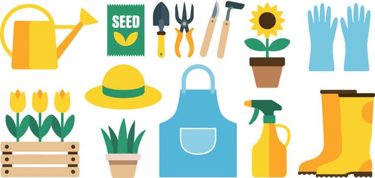 Spring gardening tools and planting equipment collection with watering can, seeds, gloves, pots, hat and garden accessories flat vector set