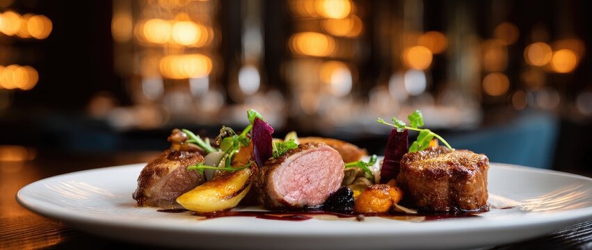 Gourmet Pork Tenderloin Medallions with Roasted Root Vegetables and Garnish.