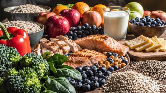 A vibrant and abundant display of fresh, healthy food items is artfully arranged on a rustic wooden table. The spread includes fresh fruits like
