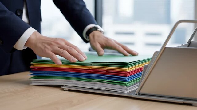 Close up shot of a man's hand reaching towards a vibrant stack of colored file folders on a wooden desk. A blurred cityscape is visible through the