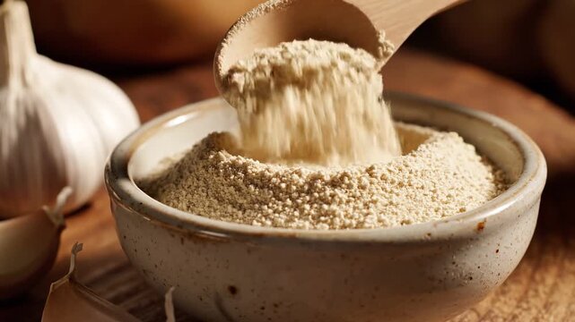 A ceramic bowl filled with garlic powder, accompanied by fresh garlic cloves, placed on a rustic wooden surface
