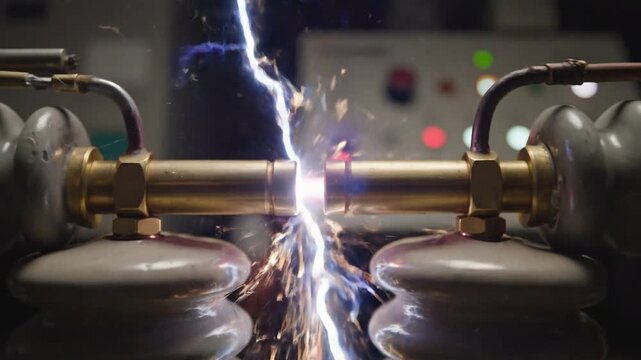 Close-up of a powerful electric arc between metal electrodes, emitting sparks and bright light in a controlled laboratory setting