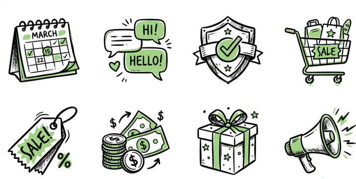Hand drawn business and marketing doodle icon set featuring sale tag, shopping cart, calendar, chat message, security shield, money, gift box and megaphone