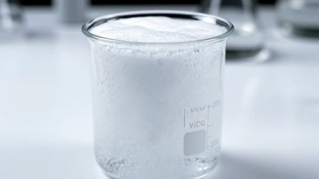A close-up of a clear beaker filled with bubbling liquid on a laboratory table, capturing the essence of chemical reactions and experiments