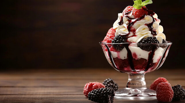 Berry sundae in glass, topped with whipped cream, dark sauce, fresh raspberries, blackberries, and mint on a rustic wooden table