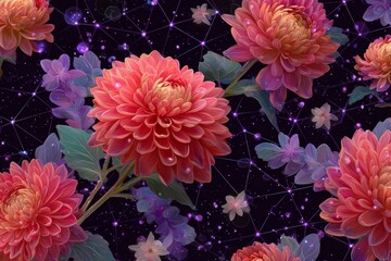 Obraz premium Nature's canvas: a lush chrysanthemum wall display. Global network. Luxurious floral background: chrysanthemums in detailed harmony. Virtual network. High-tech network.