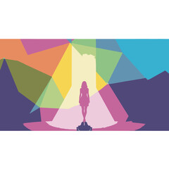 Obraz premium Silhouette of a woman standing in a spotlight against a vibrant, abstract geometric background with colorful light rays.
