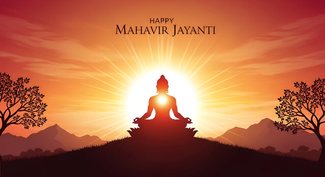 Mahavir jayanti spiritual illustration with meditation silhouette at radiant sunrise over peaceful mountain landscape symbolizing jain wisdom nonviolence devotion enlightenment harmony