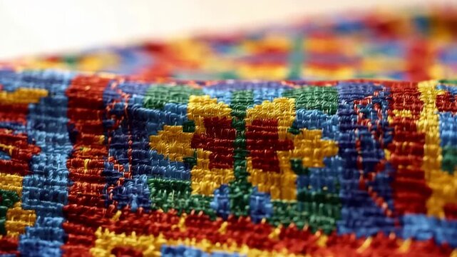 A video showcasing a vibrant and colorful textile with intricate patterns and designs woven into its fabric.