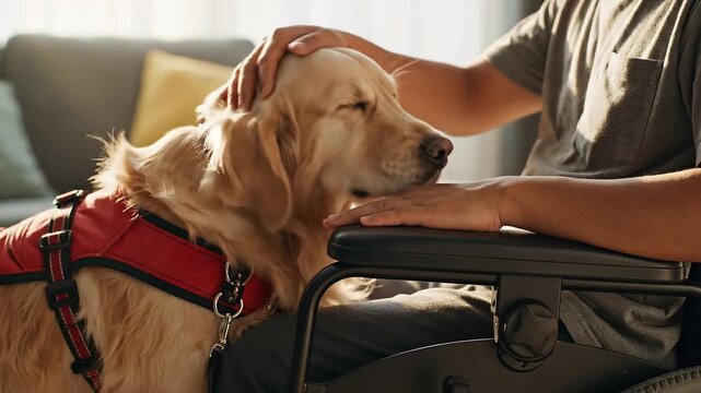 A close up shot of a golden retriever service dog in a red vest being petted by a person sitting in a wheelchair. The scene is indoors, with soft