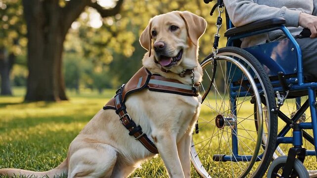 A guide dog sitting beside a wheelchair in a sunlit park, showcasing companionship and support
