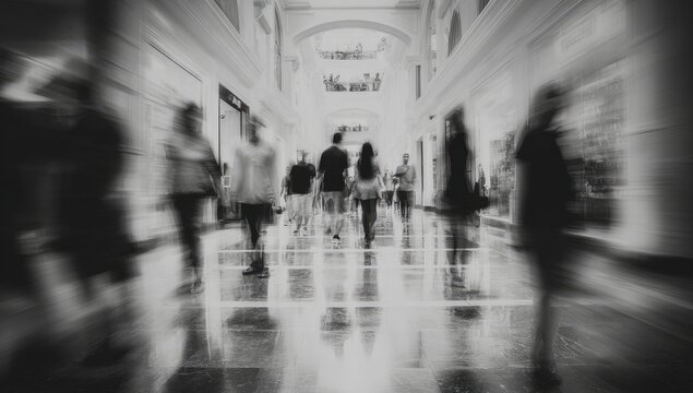 Blurred motion of people walking in a modern indoor hallway.