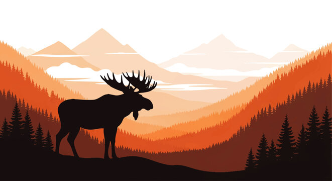 Majestic Moose Silhouette in a Serene Sunset Mountain Landscape. Vibrant vector art capturing wilderness, wildlife, layered hills, and pine trees at dusk