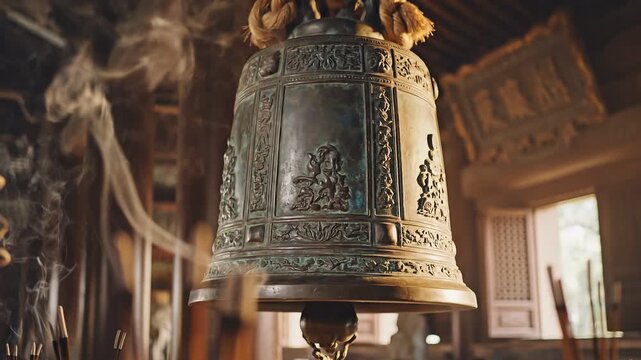 Intricately designed bronze bell emanating soft smoke in a serene temple setting