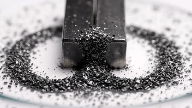 Close up of a black magnet attracting tiny, black iron filings on a transparent surface against a clean, white background, showcasing the principle