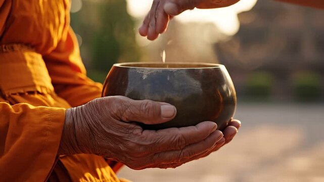 A close-up of monk's hands holding an alms bowl as rice is offered by another person's hands in a serene outdoor setting