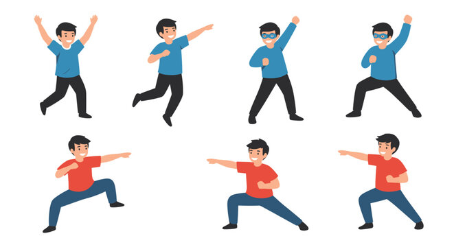 Active young boy shown in multiple dynamic poses including dancing, playing superhero, and practicing martial arts for character design.