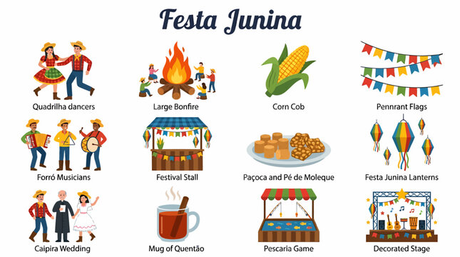 Festa Junina Icons: Dance, Music, Food, Bonfire, Decorations