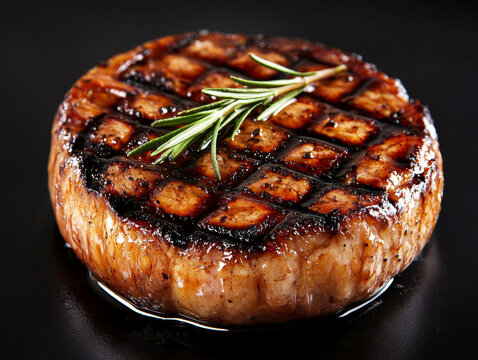 Close-up of a perfectly grilled, glistening steak with prominent char marks, topped with a fresh rosemary sprig on a dark surface